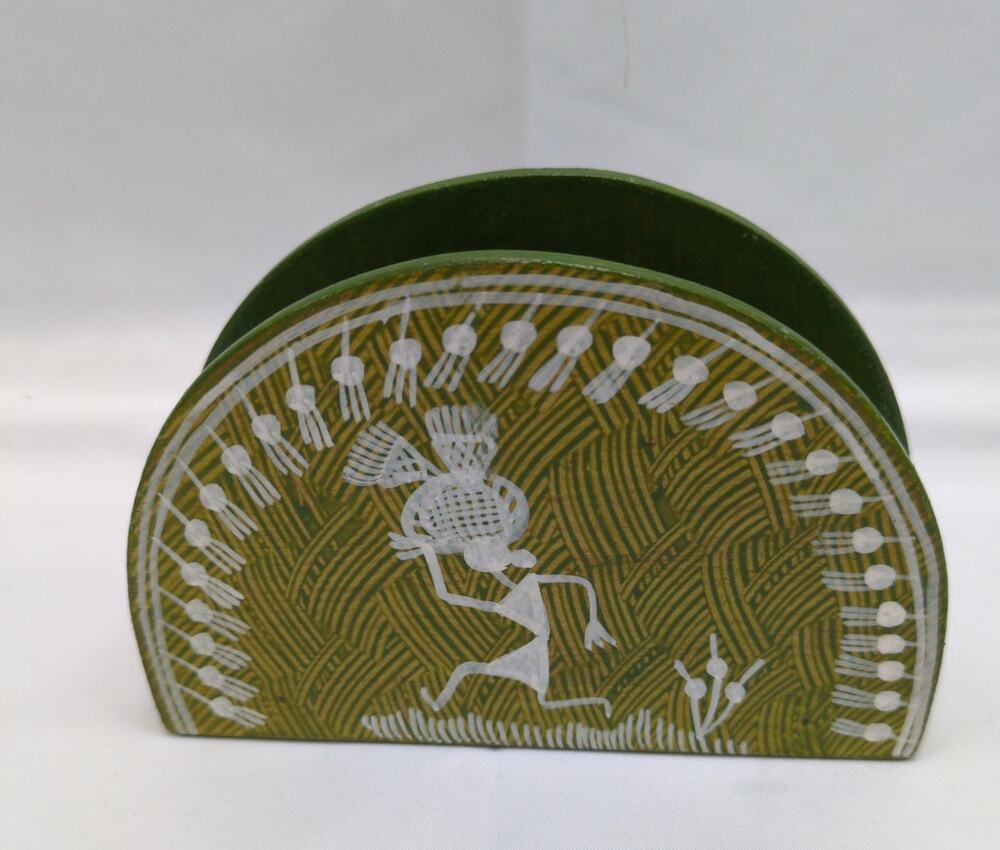 Wooden Green Warli Tribal Art Tarpa Dance Napkin Mail Holder Folk Decor India